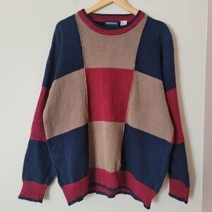 Vintage 90s Colorblock Patchwork Sweater Grandpa Men's XL - Red, Blue, and Tan